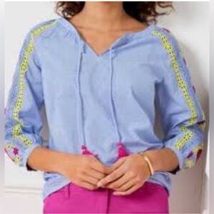 TALBOTS blue w/ hot pink & chartreuse w/lacey detail & tassels Size 1X